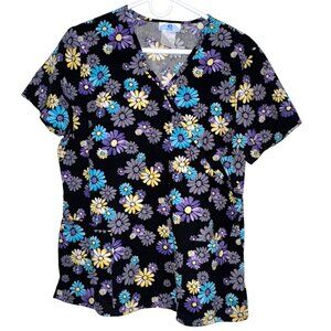 SB Scrubs Womens Floral Print V-Neck Short Sleeve Cotton Top Black Medium
